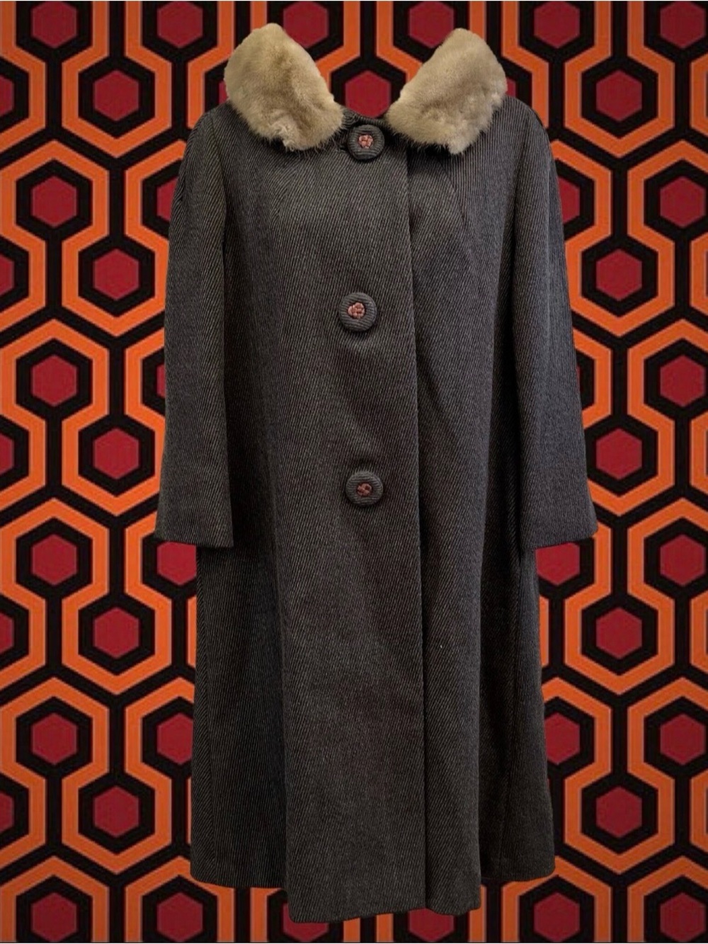 Vintage 1960's Grey Wool Overcoat with Beige Fur Collar
